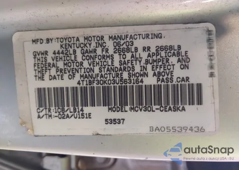 2003 Toyota Camry Se V6 from USA, damaged, VIN 4T1BF30K03U563164